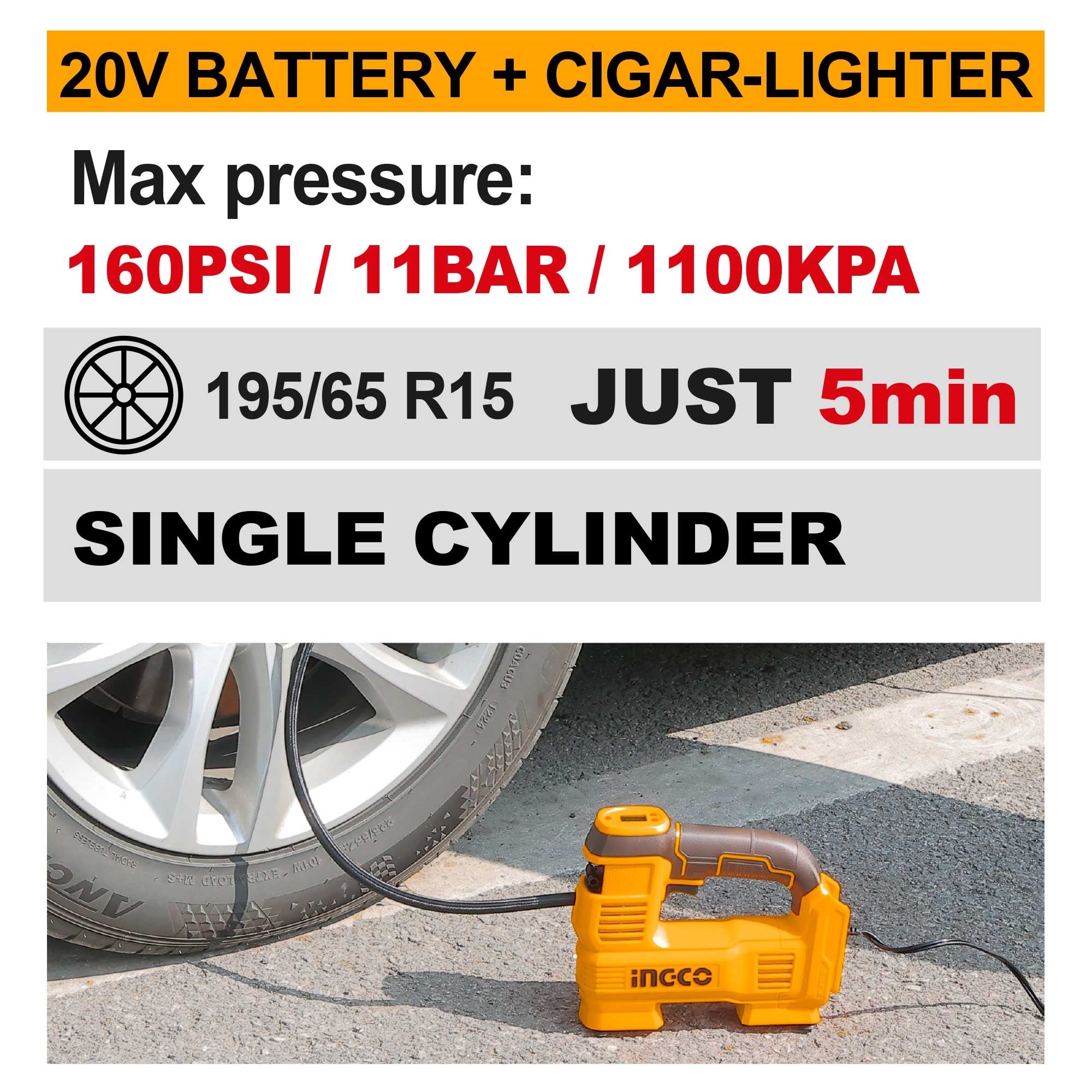 INGCO 20V Cordless Auto Air Compressor, 160PSI, Bare Unit - CACLI2012 Secondary image