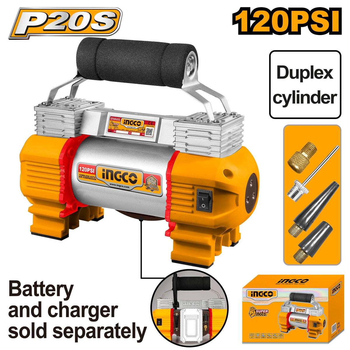 INGCO 20V CORDLESS AUTO AIR COMPRESSOR 120PSI CACLI2026 (BARE UNIT)