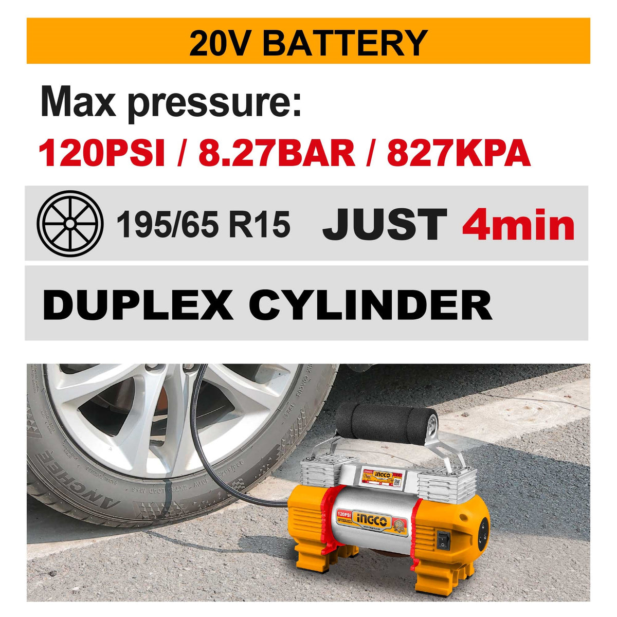 INGCO 20V CORDLESS AUTO AIR COMPRESSOR 120PSI CACLI2026 (BARE UNIT)