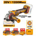INGCO 20V LI-ION 3-SPEED ANGLE GRINDER 4" 1200W 2X5.0AH+CASE CAGLI2120232