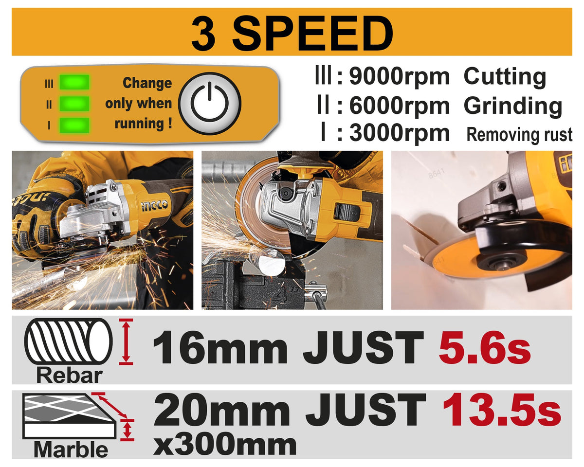 INGCO 20V LI-ION 3-SPEED ANGLE GRINDER 4" 1200W 2X5.0AH+CASE CAGLI2120232