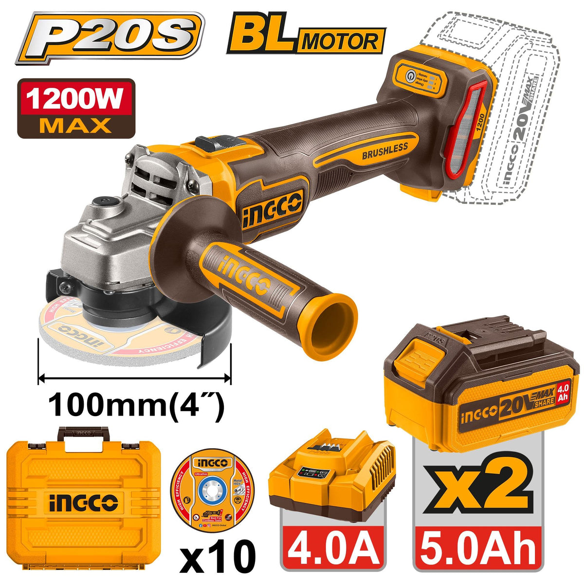 INGCO 20V LI-ION 3-SPEED ANGLE GRINDER 4" 1200W 2X5.0AH+CASE CAGLI2210032 Main image