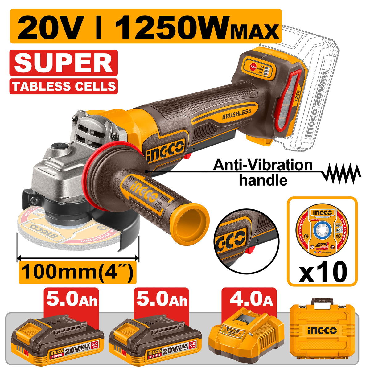 INGCO 20V 4" 3 SPEED 1250W PADDLE SW GRINDER 2X5.0 TABLESS BATT CAGLI235152 Main image