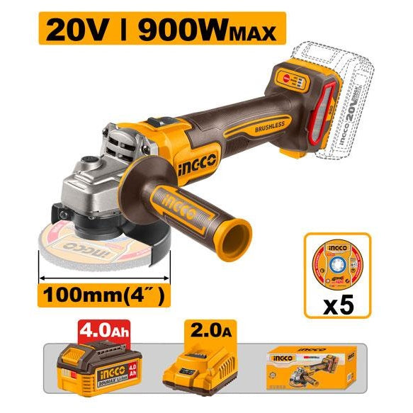 INGCO 20V LI-ION BL ANGLE GRINDER 100MM 3 SPEED 900W 1X4.0AH,CAGLI261021 Main image