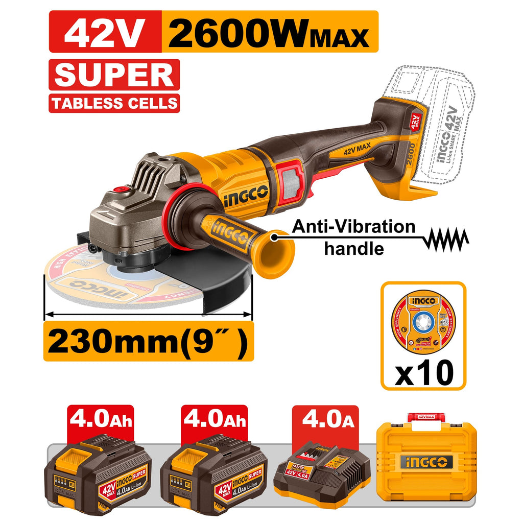 INGCO 42V BL 9" 2600W ANGLE GRINDER 2X4.0AH+10XCUT DISC+CASE CAGLI4260182