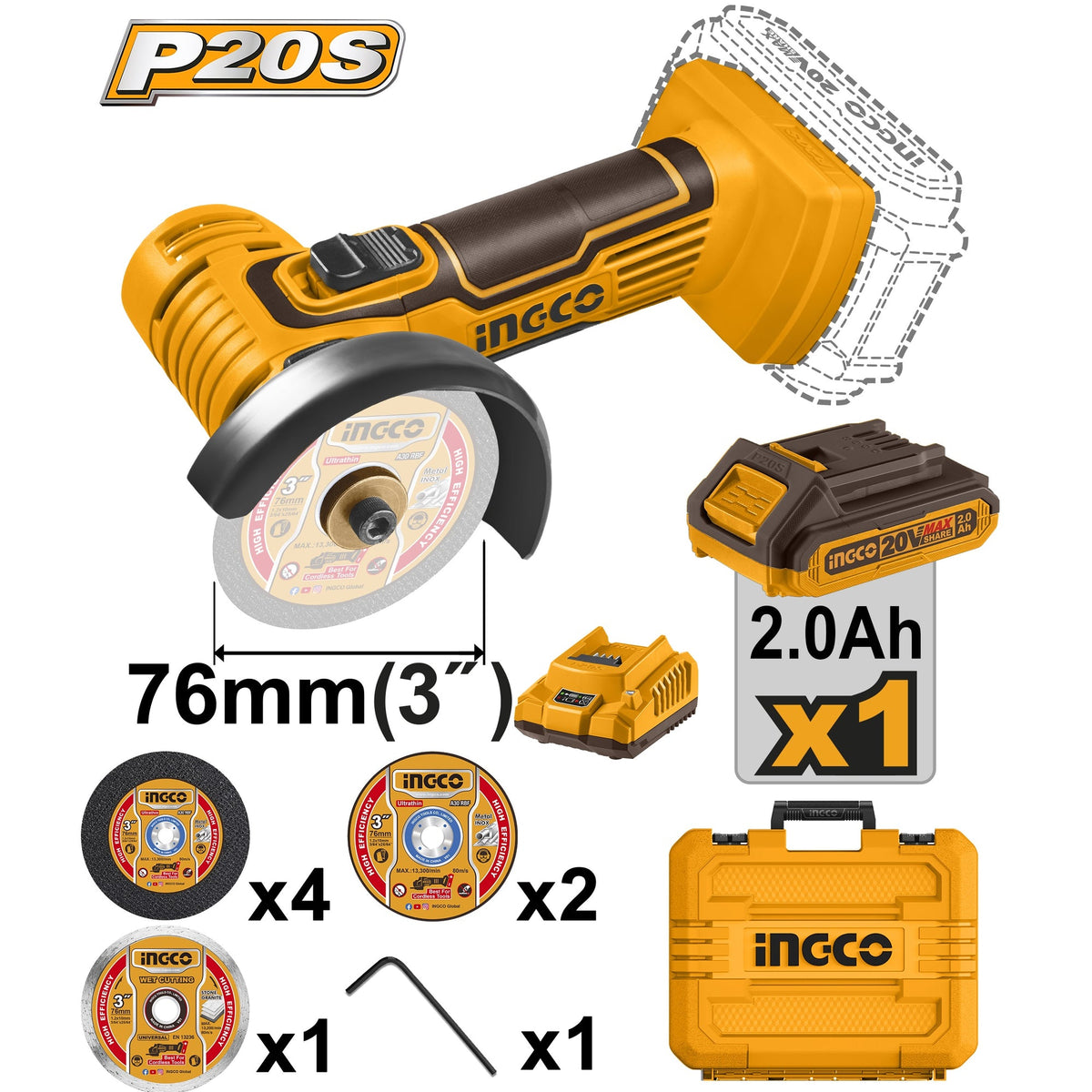 INGCO 20V LI-ION MINI CUT-OFF TOOL 76MM 1X2.0AH,CHARGER+CASE CAGLI76012 Main image