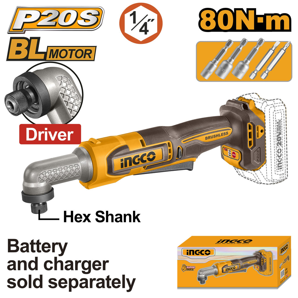 INGCO 20V 1/4" ANGLE IMPACT DRIVER 80NM CAIRLI2081 (BARE UNIT)