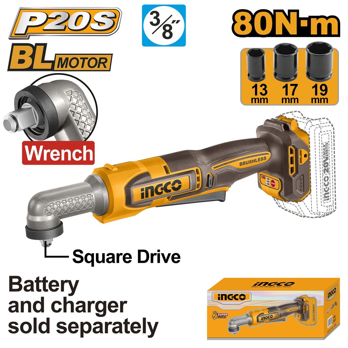 INGCO 20V 3/8" ANGLE IMPACT WRENCH 80NM CAIWLI2081 (BARE UNIT) Main image