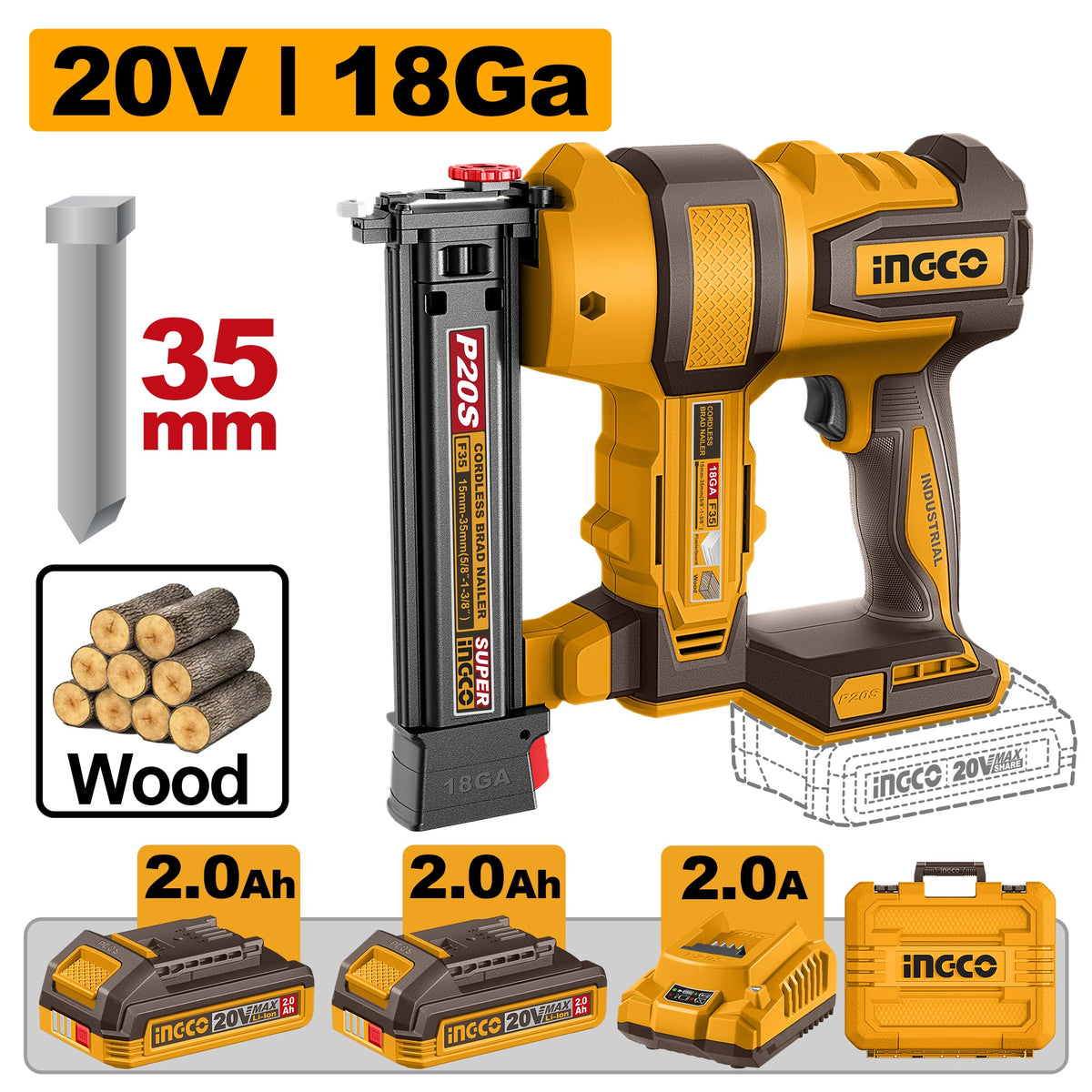INGCO 20V LI-ION BRAD NAILER SIZE F15-F35 2X2.0AH+CHARGER & CASE CBNLI20686 Main image