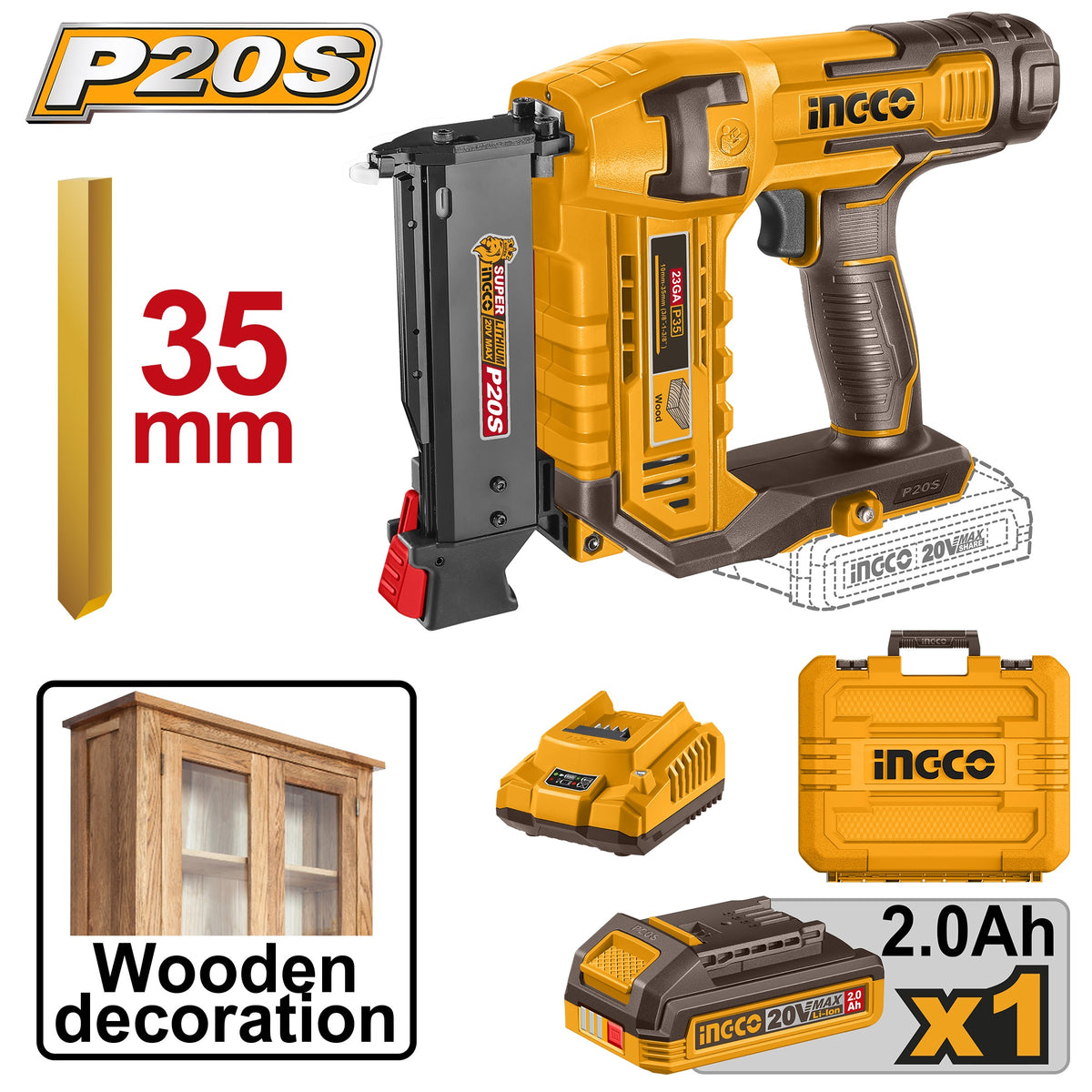 INGCO 20V BL PIN NAILER 10 - 35MM 1X2.0AH+CHARGER CBNLI3606 Main image