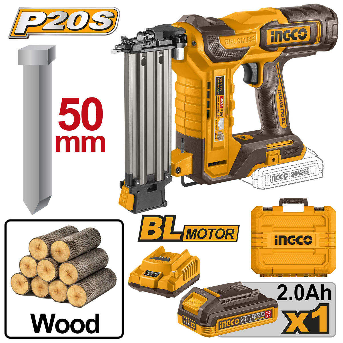 INGCO 20V LI-ION BL BRAD NAILER SIZE F15-F50 1X2.0AH CHARGER+CASE CBNLI5008 Main image