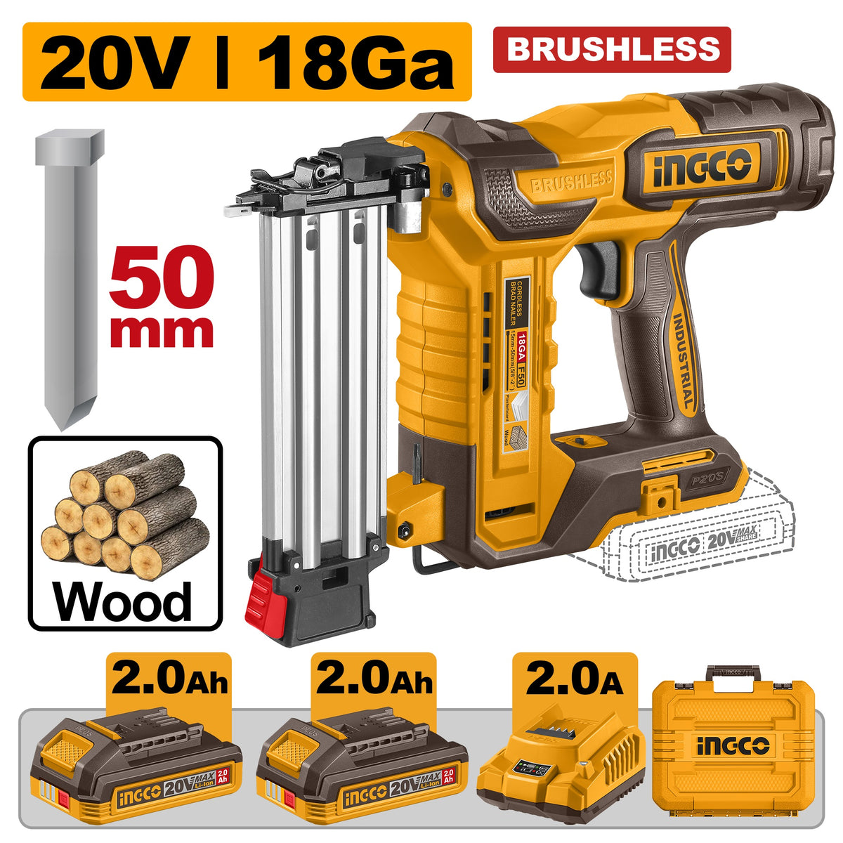 INGCO 20V LI-ION BL BRAD NAILER F15-F50 2X2.0AH CHARGER+CASE CBNLI500857 Main image
