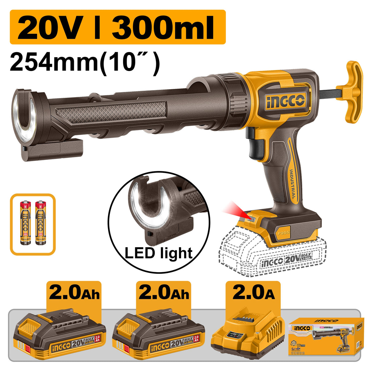 INGCO CCGLI20021 20V CORDLESS CAULKING GUN 10" 254MM 2X2.0AH+CHARGER Main image