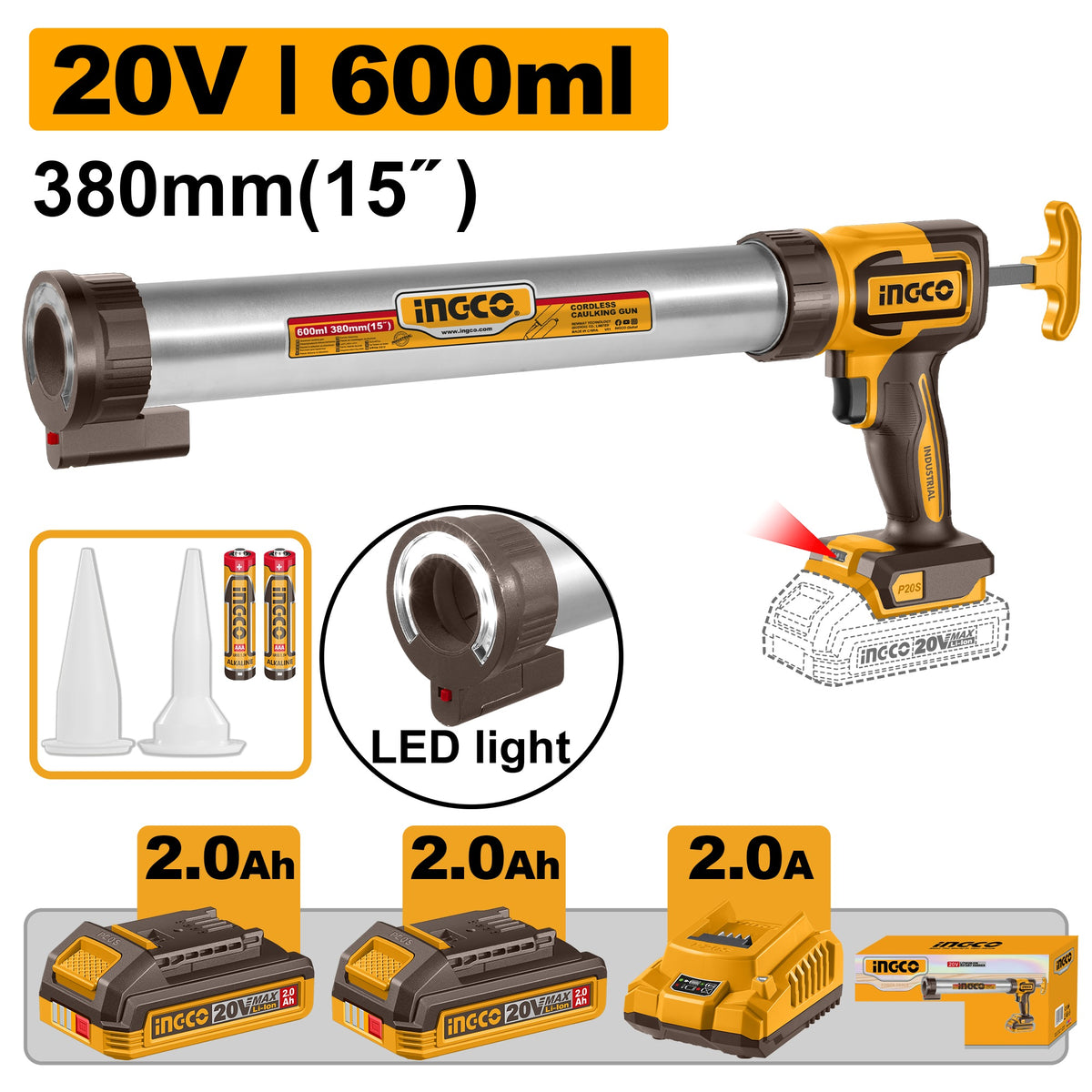 INGCO CCGLI20031 20V 600ML SEALANT CAULKING GUN 15" 380MM 2X2.0AH+CHARGER Main image