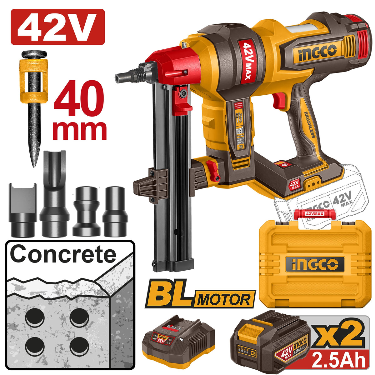 INGCO 42V BL CONCRETE NAILER W/27MM NAILS 2X2.0AH+CASE CCNLI420602