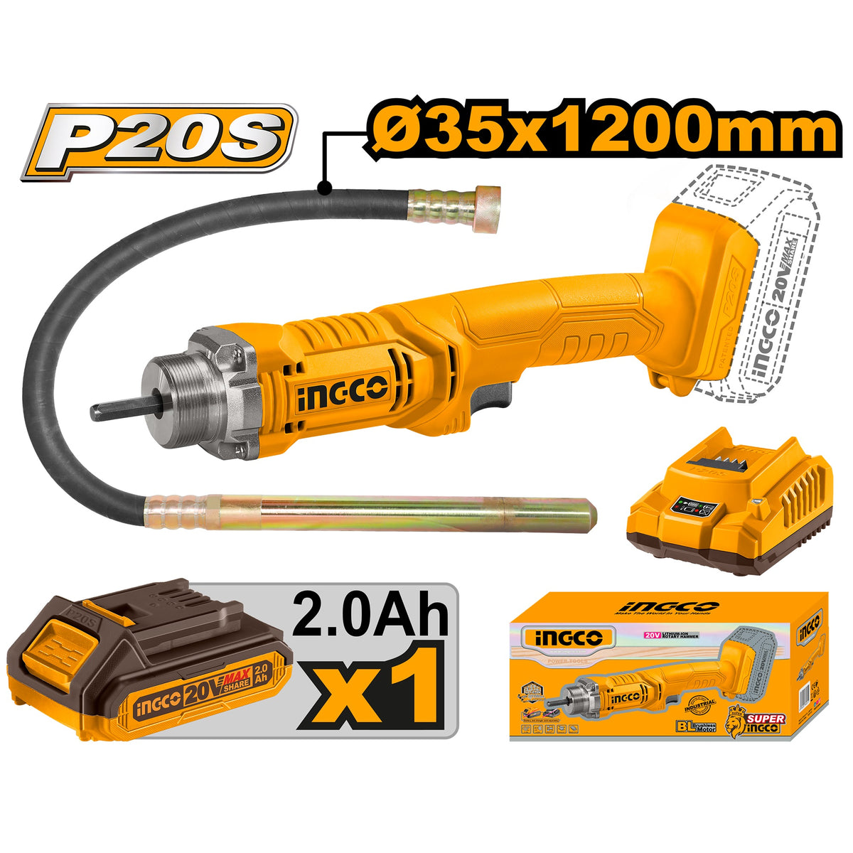 INGCO 20V CORDLESS CONCRETE VIBRATOR 35MMØX1.2M 1X2.0+CHARGER CCVLI2023011 Main image