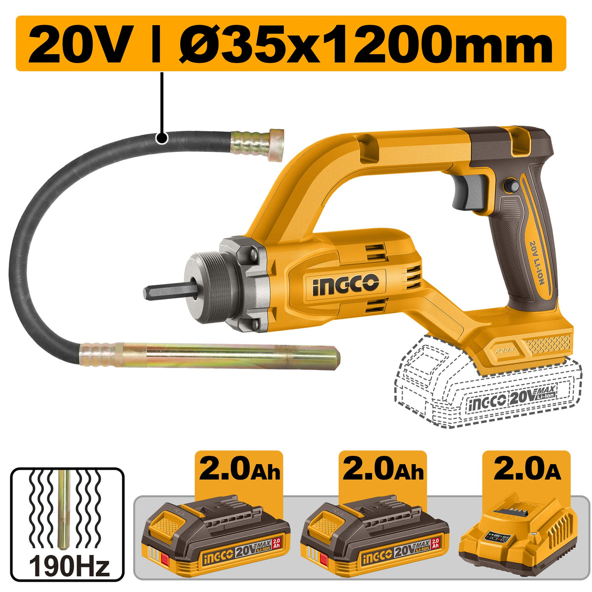 INGCO 20V CORDLESS CONCRETE VIBRATOR 35MMØX1200MM 1X2.0+CHRG CCVLI2025021 Main image