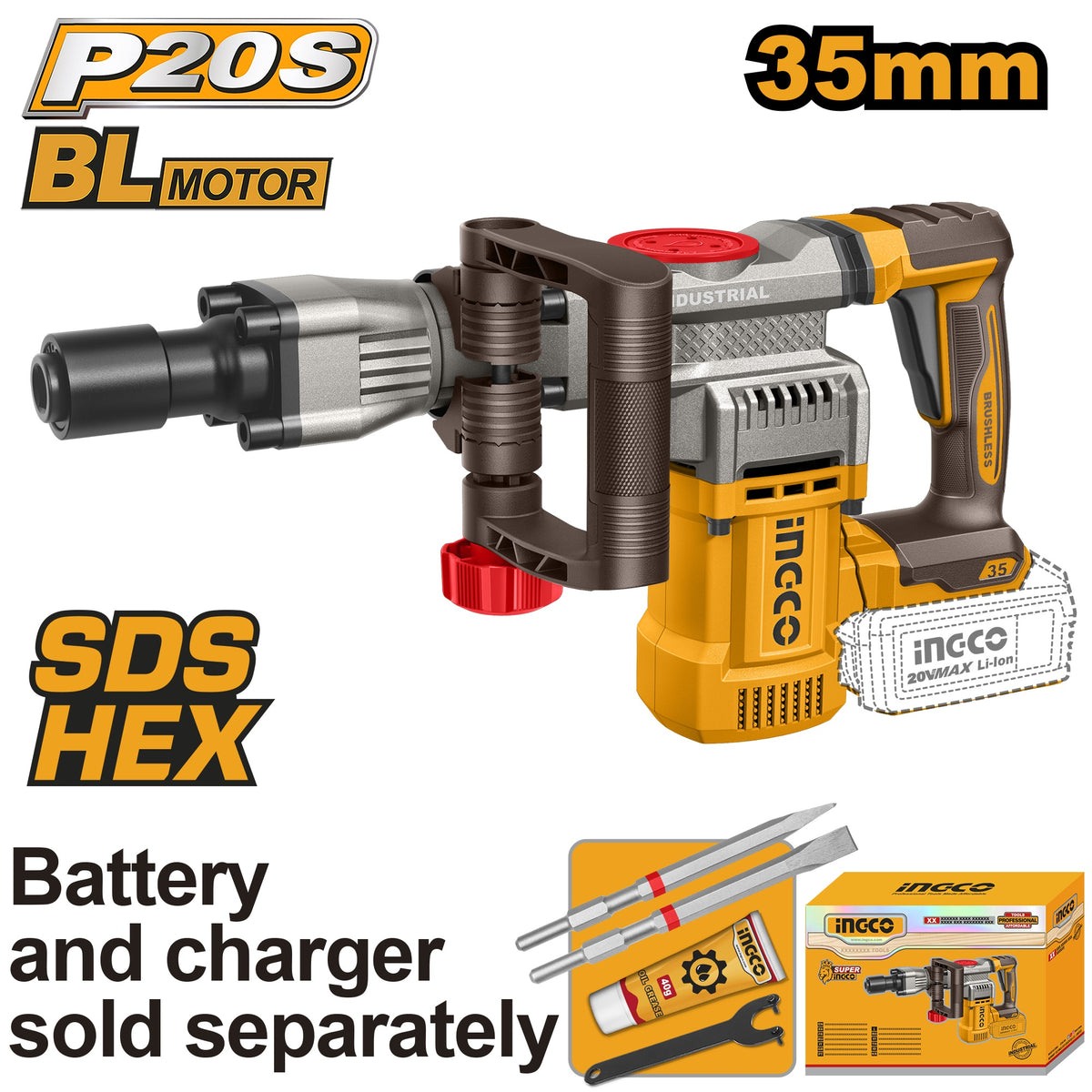 INGCO 20V BL CORDLESS DEMOLITION HAMMER 16J CDBLI20358 (BARE UNIT) Main image