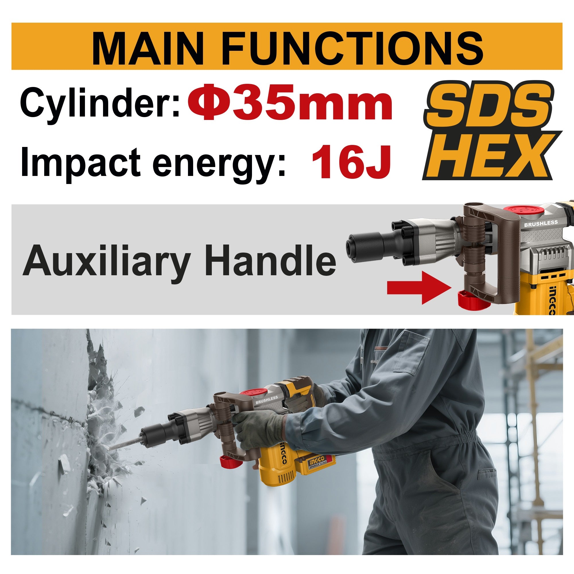 INGCO 20V BL CORDLESS DEMOLITION BREAKER 16J 2X5.0+CHARGER+CASE CDBLI203582 Secondary image