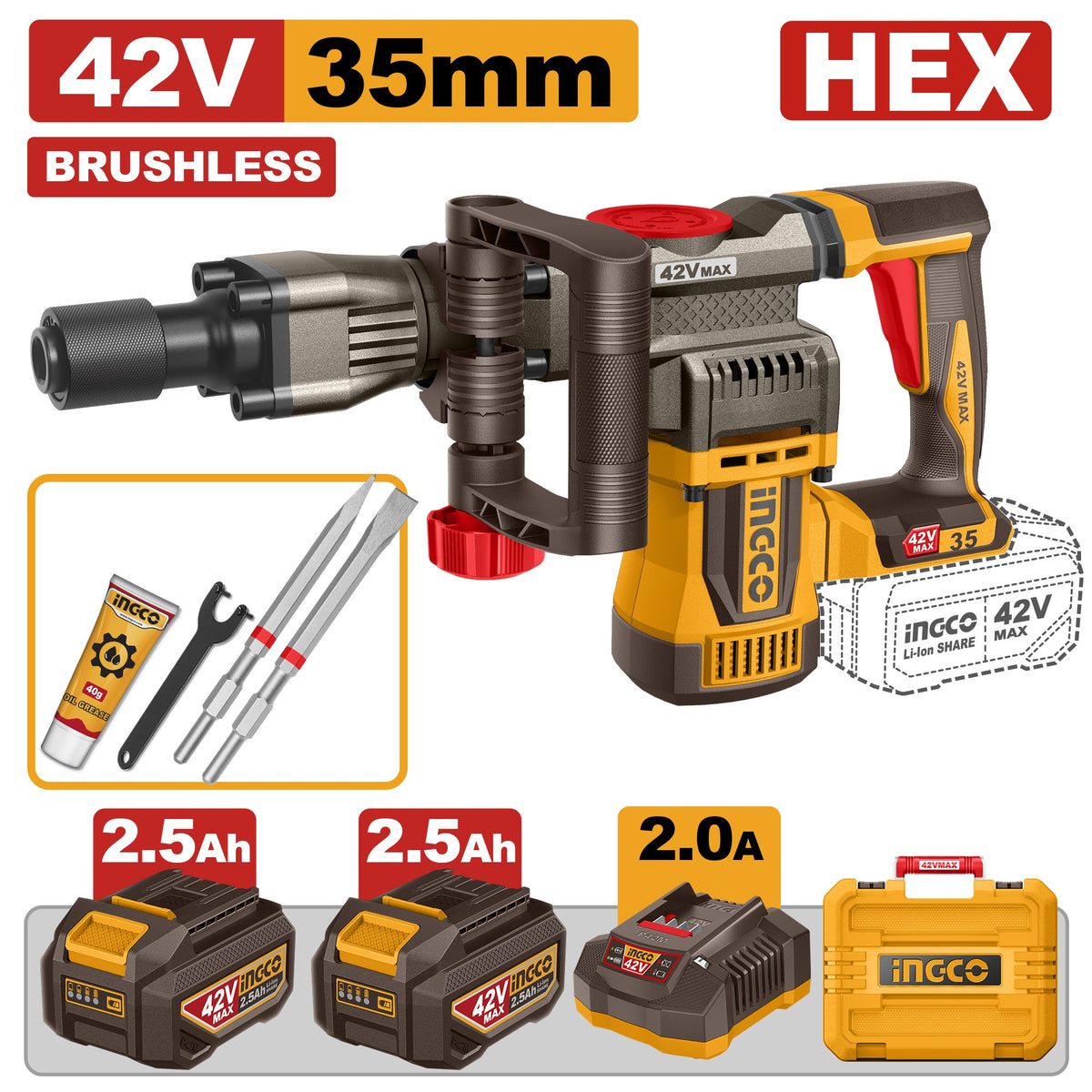 INGCO 42V BL 18J CORDLESS DEMOLITION HAMMER 2X2.5AH+CASE CDBLI423582 Main image