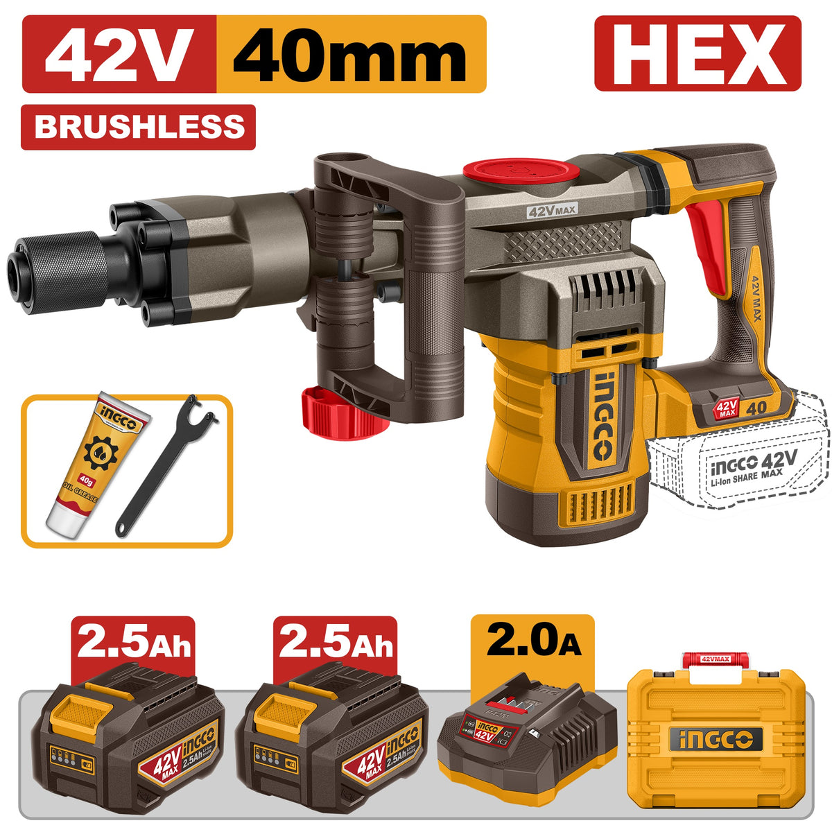 INGCO 42V BL 20J CORDLESS DEMOLITION HAMMER 2X2.5AH+CASE CDBLI424062 Main image
