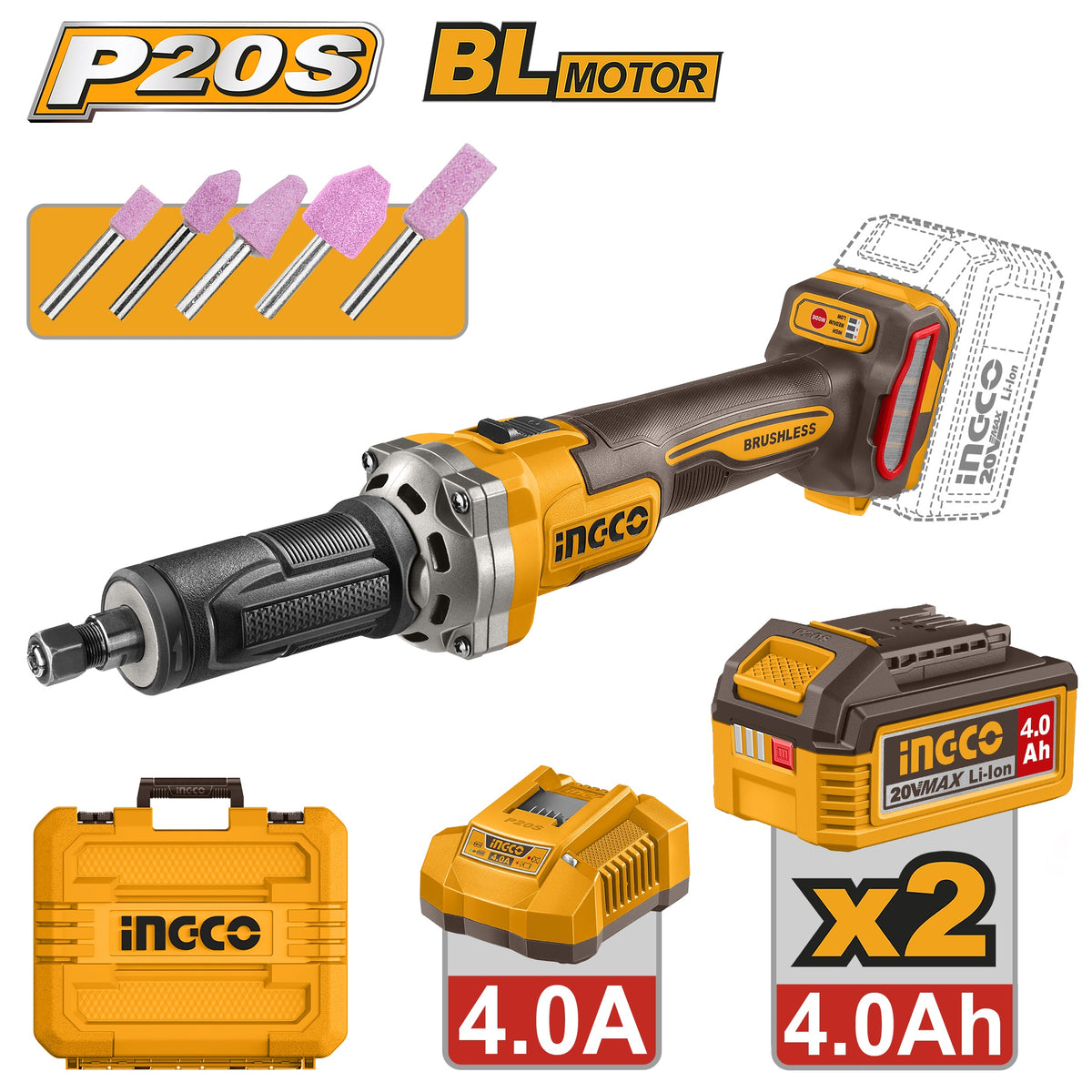 INGCO 20V LI-ION BL1/4" DIE GRINDER 2X4.0AH+CHRGR+CASE CDGLI20012 Main image