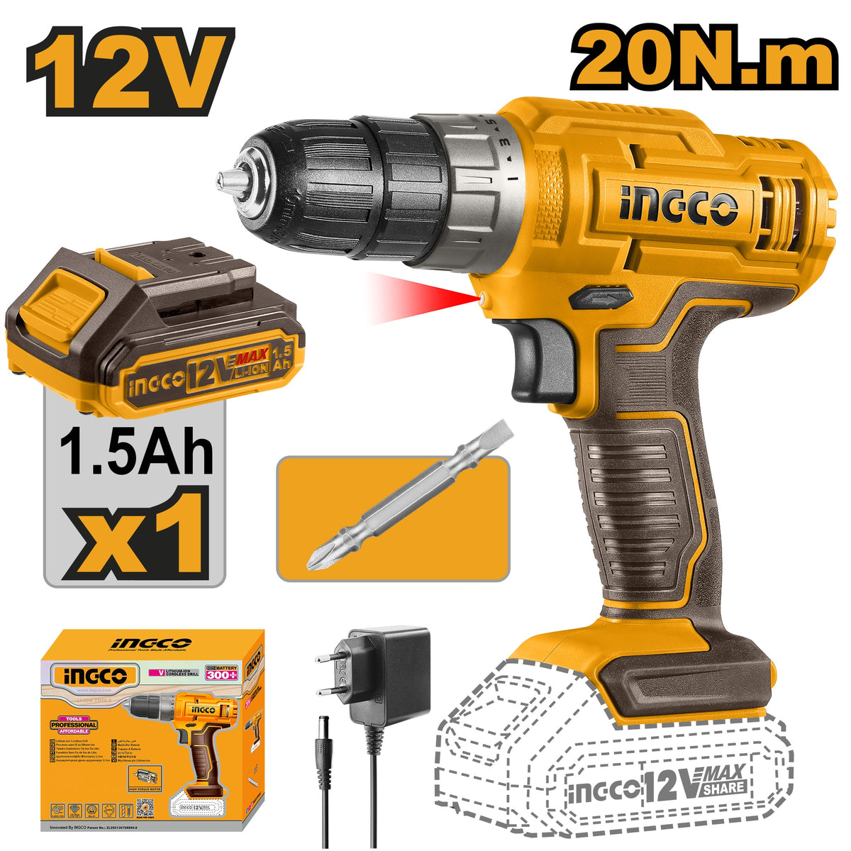 INGCO 12V 1X1.5AH LI-ION DRILL CDLI1218 Main image