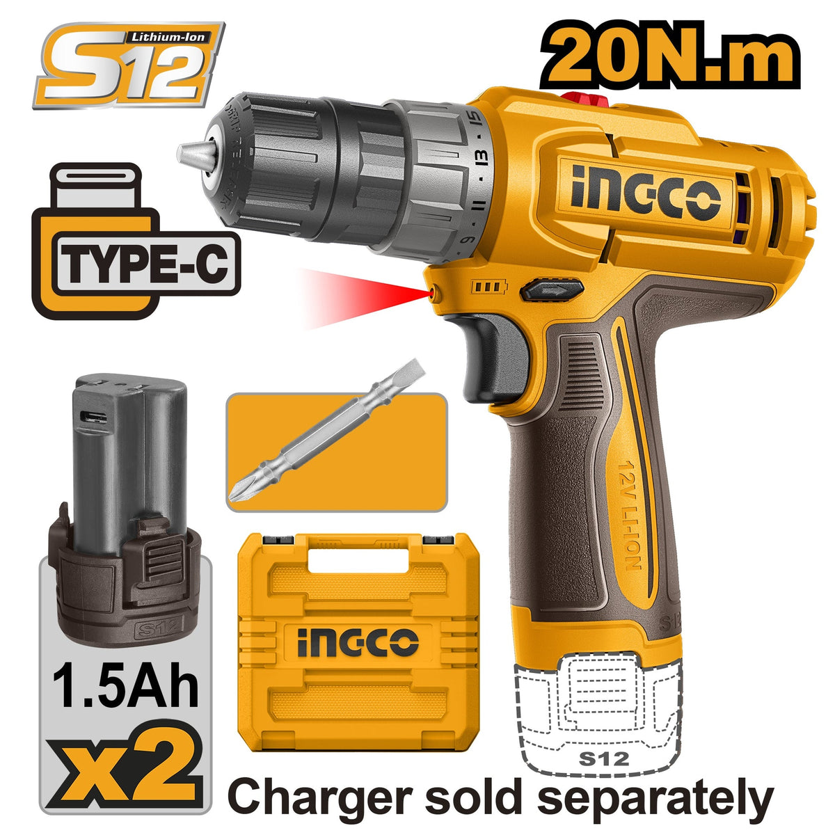 INGCO 12V LI-ION DRILL 20NM 2X1.5AH TYPE C BATT + CASE CDLI12206 Main image