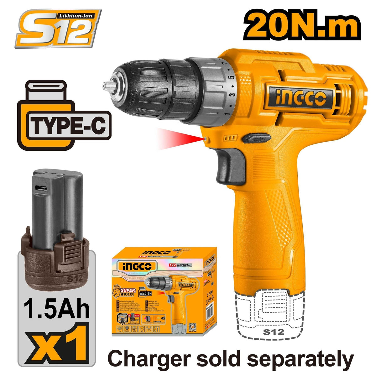 INGCO 12V 1X1.5AH LI-ION DRILL (NO USB CHARGER) CDLI12428 Main image