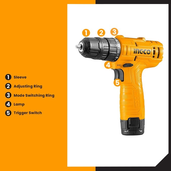 INGCO 12V 1X1.5AH LI-ION DRILL (NO USB CHARGER) CDLI12428