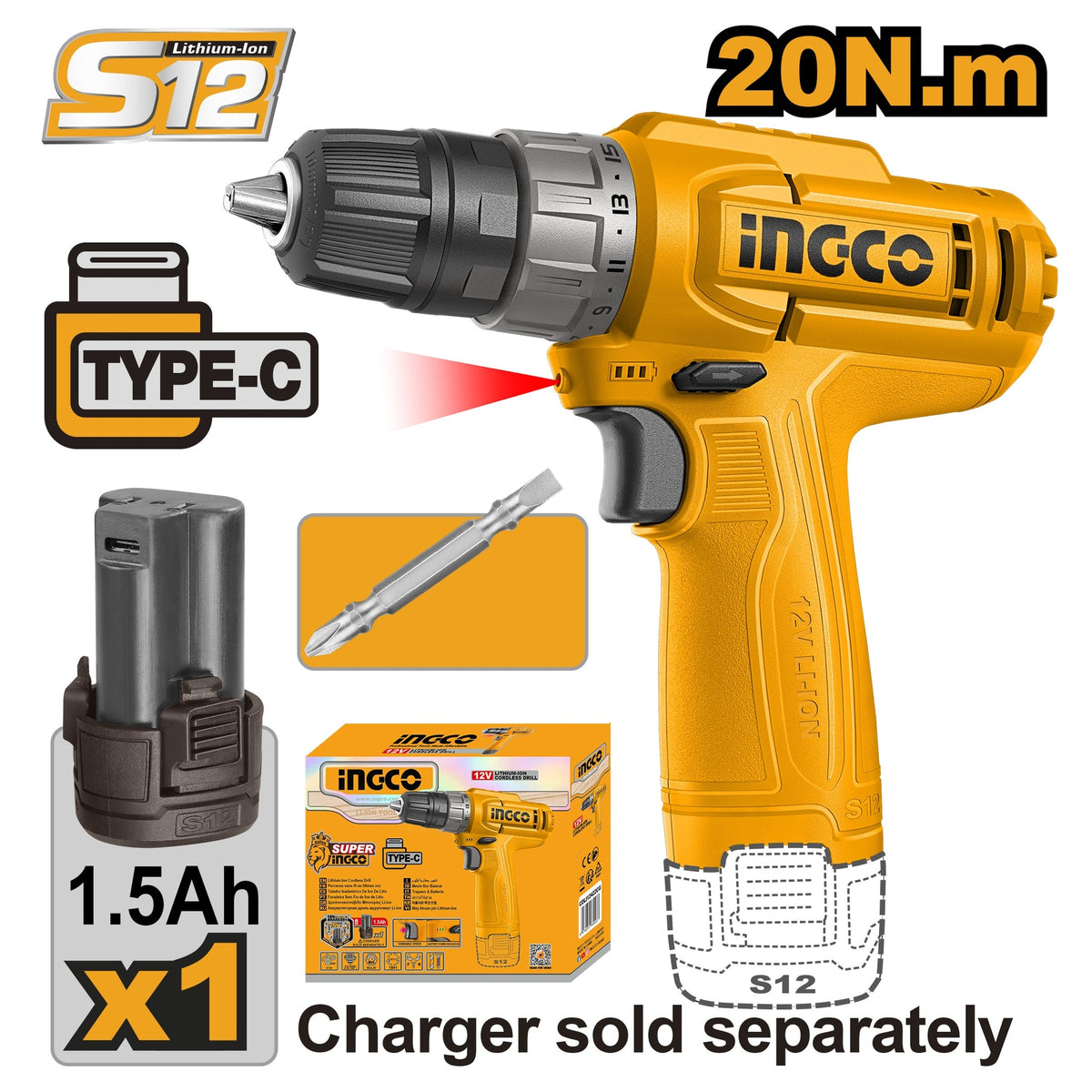 INGCO 12V LI-ION DRILL 20NM W/1X12V BATT (NO USB CHARGER) CDLI12456 Main image