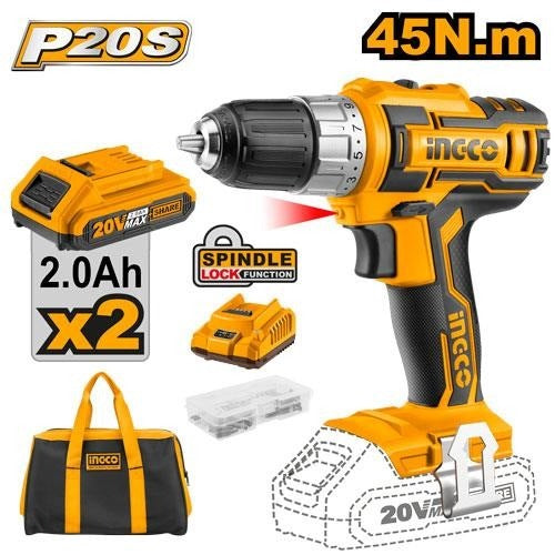 INGCO 20V LI-ION DRILL 45NM W/ 2X20V 2.0AH, CHARGER+BAG CDLI20023 Main image