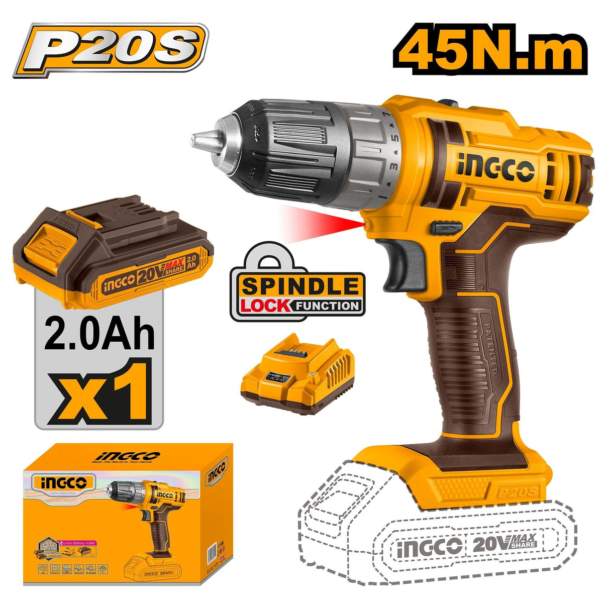 INGCO 20V LI-ION DRILL 45NM 1X20V 2.0AH, CHARGER CDLI200518 Main image