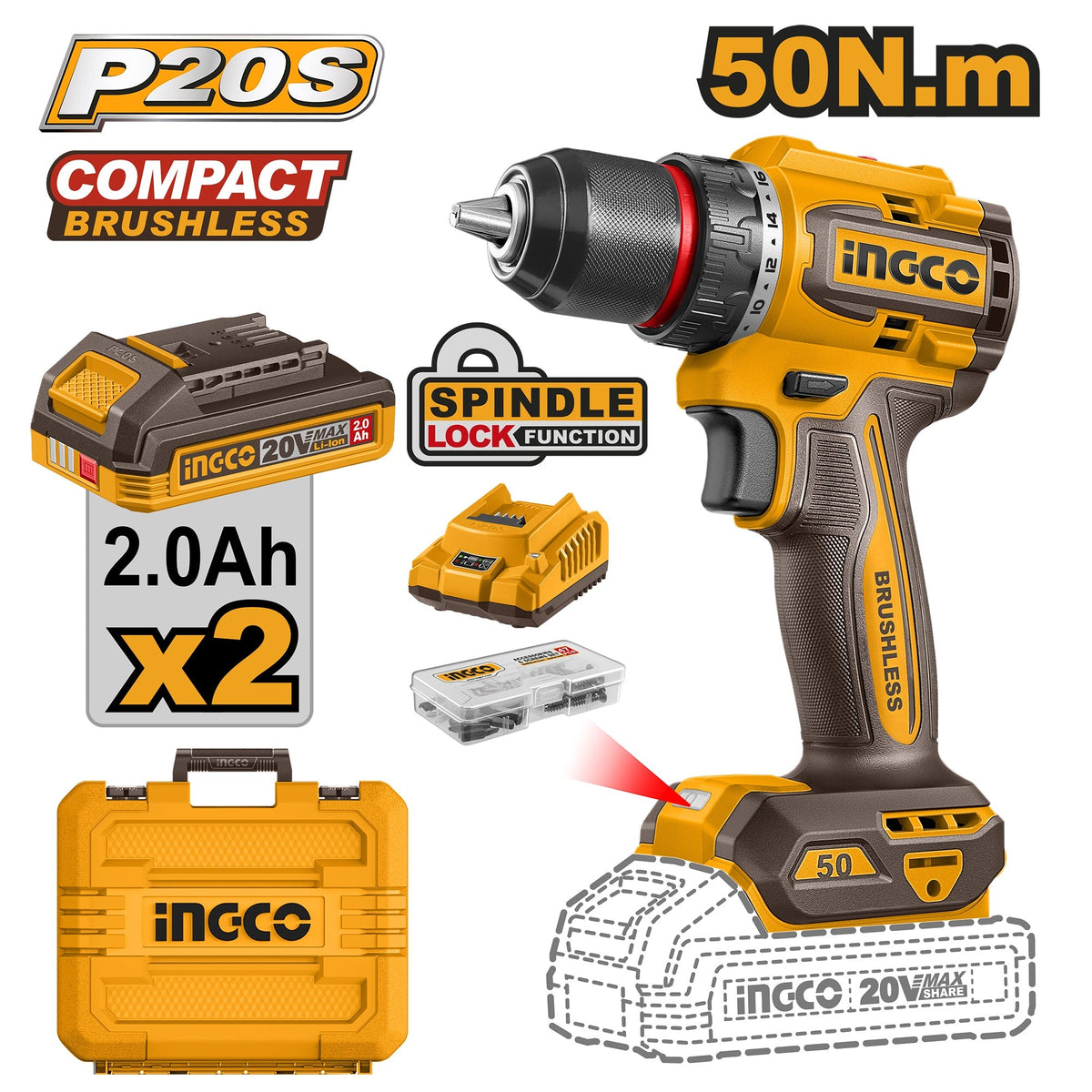 INGCO 20V LI-ION BL DRILL DRIVER 50NM 2X2.0AH+CASE CDLI205062 Main image