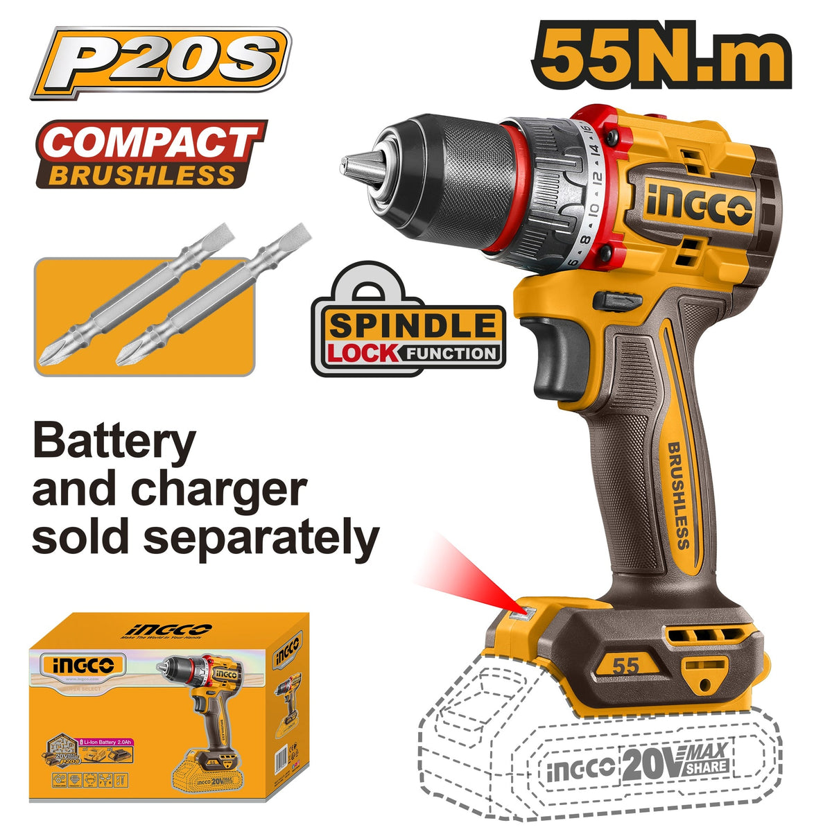 INGCO 20V LI-ION BRUSHLESS DRILL 55NM, CDLI205581 (BARE UNIT) Main image