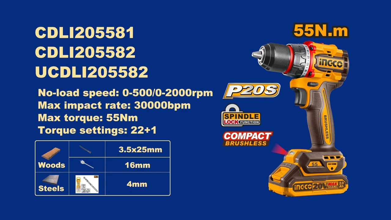 INGCO 20V LI-ION BRUSHLESS DRILL 55NM, CDLI205581 (BARE UNIT) Secondary image