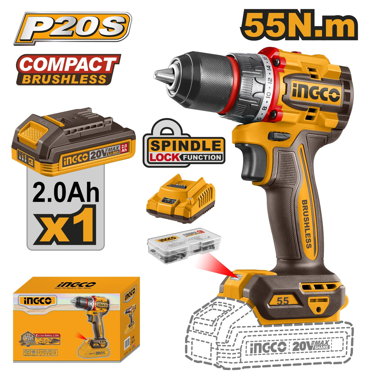 INGCO 20V LI-ION BRUSHLESS DRILL 55NM, 1X20V 2.0AH, CHARGER CDLI205582 Main image