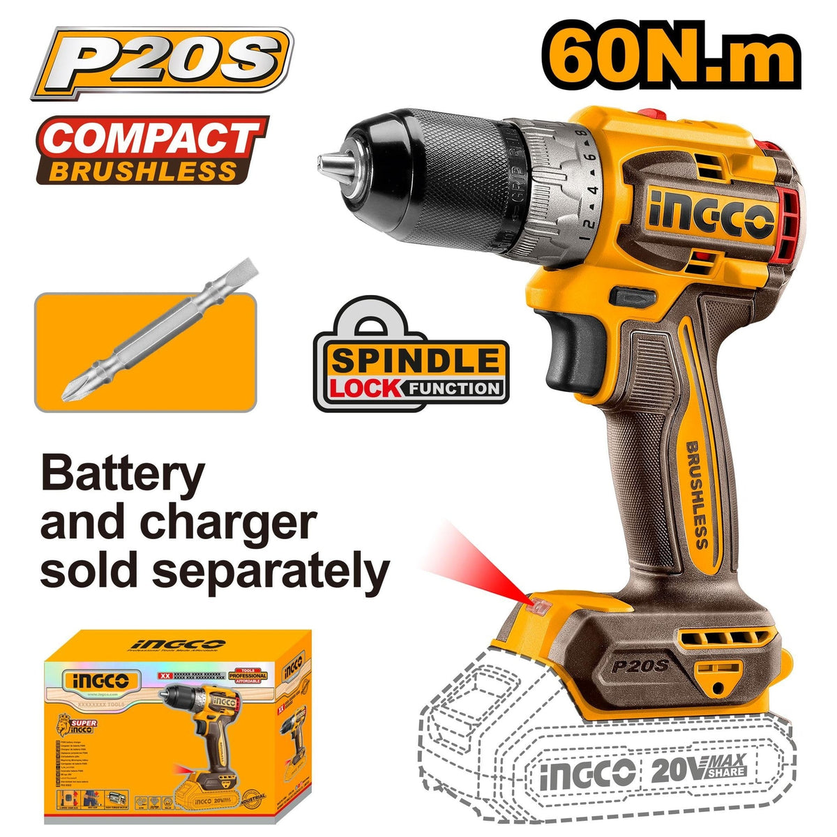 INGCO 20V COMPACT BRUSHLESS DRILL 60NM CDLI206021 (BARE UNIT) Main image