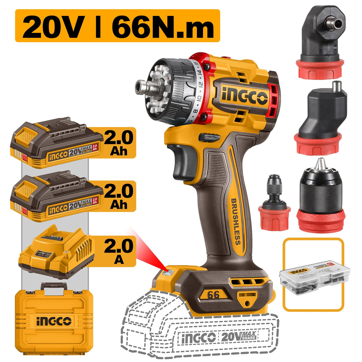 INGCO 20V 66NM MULTI HEAD DRILL DRIVER 2X2.0+CHARGER+CASE CDLI206686 Main image