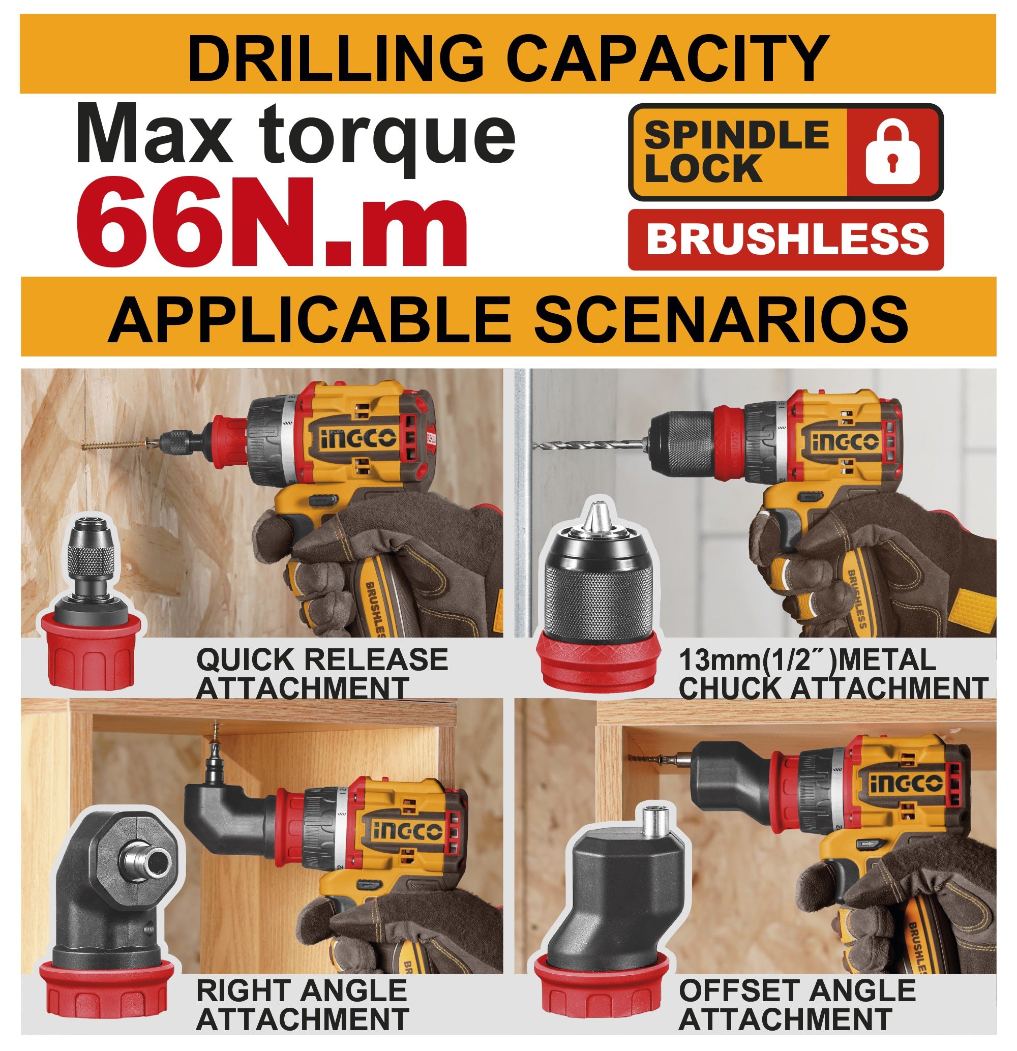 INGCO 20V 66NM MULTI HEAD DRILL DRIVER 2X2.0+CHARGER+CASE CDLI206686 Secondary image