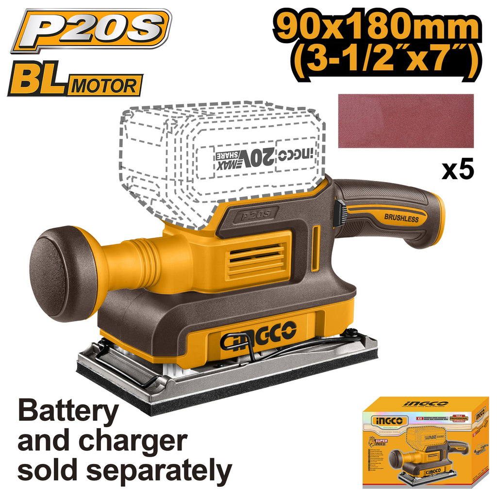 INGCO 20V BL FINISHING SANDER 90X180MM CFSLI2031 (BARE UNIT)
