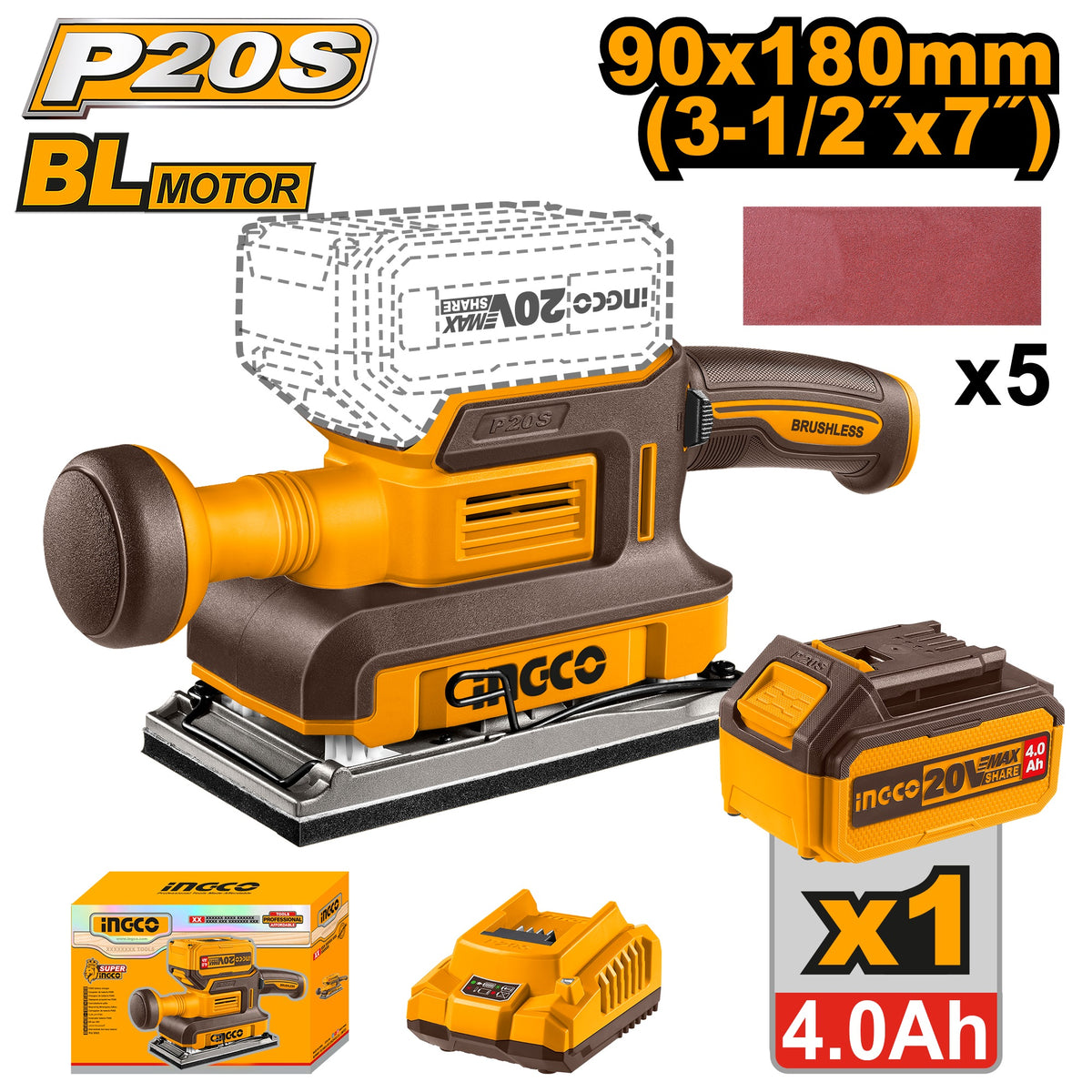 INGCO 20V BL FINISHING SANDER 90X180MM 1X4.0AH+CHARGER CFSLI20311 Main image
