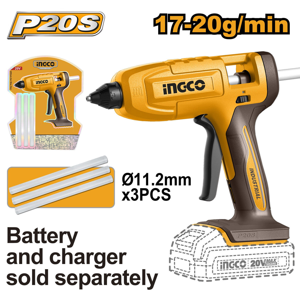 INGCO 20V LI-ION GLUE GUN W/3X11.2MM GLUE STICK CGGLI2003 (BARE UNIT)