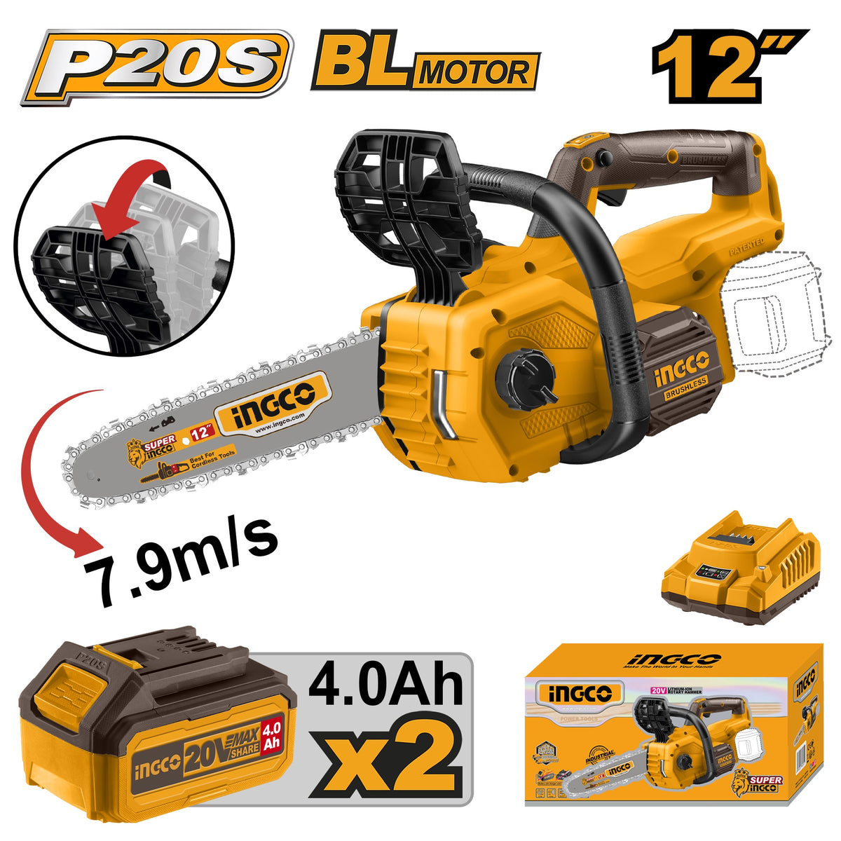 INGCO 20V BRUSHLESS CHAIN SAW 12" 300MM 2X4.0AH CHARGER CGSLI201286 Main image
