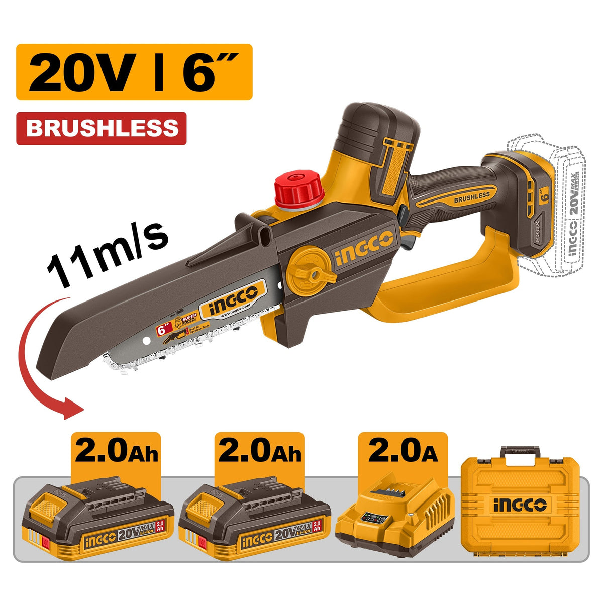 INGCO 20V BRUSHLESS MINI CHAIN SAW 6" 150MM 2X2.0AH CHARGER CGSLI20662 Main image