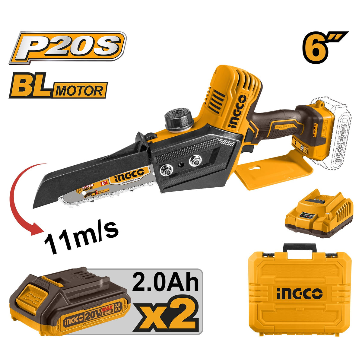 INGCO 20V BRUSHLESS MINI CHAIN SAW 6" 150MM 2X2.0AH CHARGER CGSLI20686 Main image