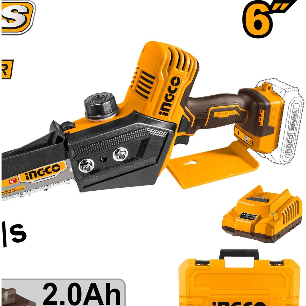 INGCO 20V BRUSHLESS MINI CHAIN SAW 6" 150MM 2X2.0AH CHARGER CGSLI20686 Secondary image