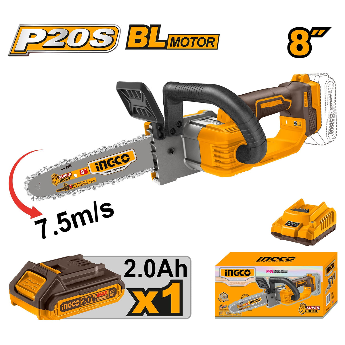 INGCO 20V BRUSHLESS CHAIN SAW 8" 1X2.0AH + CHARGER CGSLI20851 Main image