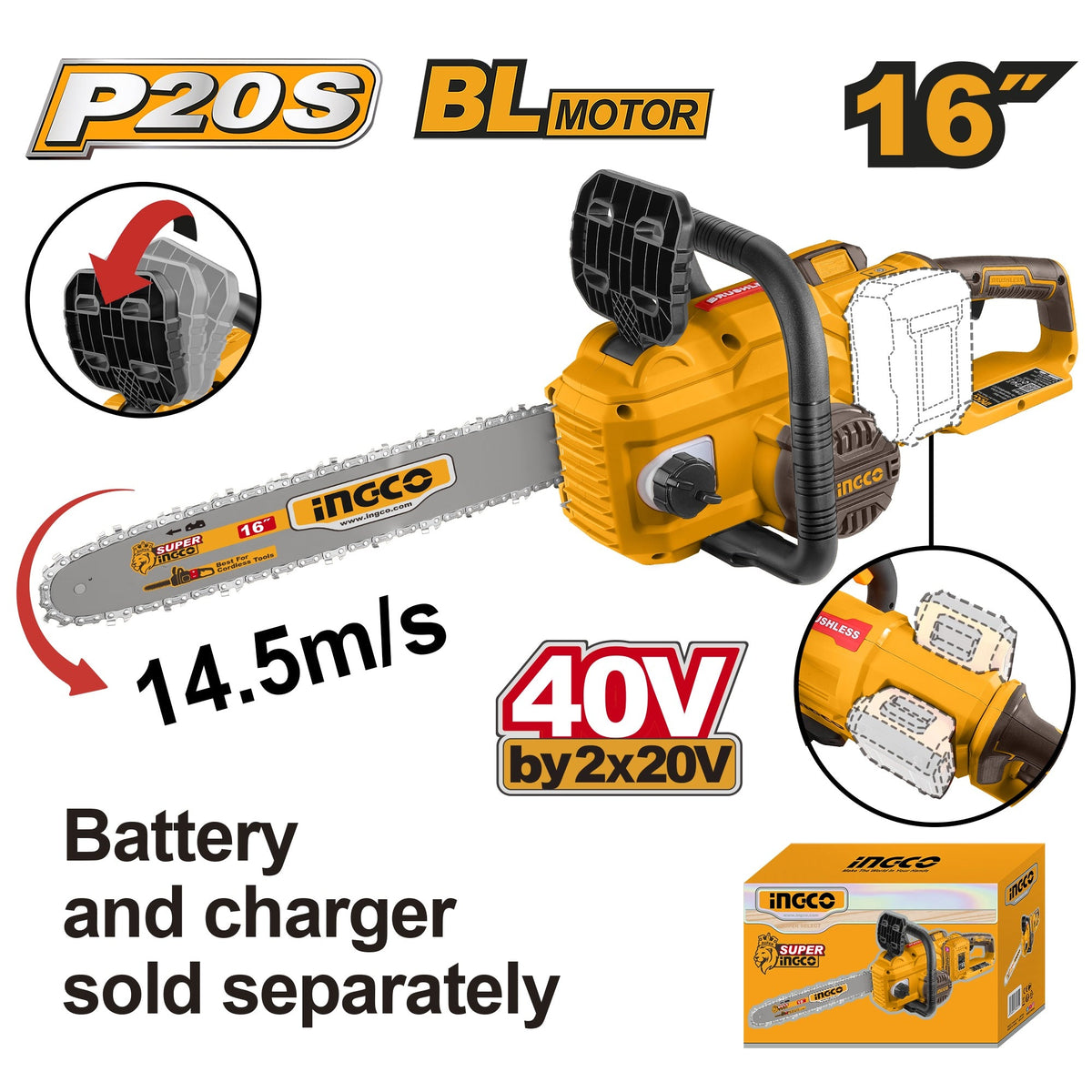 INGCO 40V (2X20V) BL CHAIN SAW 16" 400MM CGSLI40168 (BARE UNIT) Main image