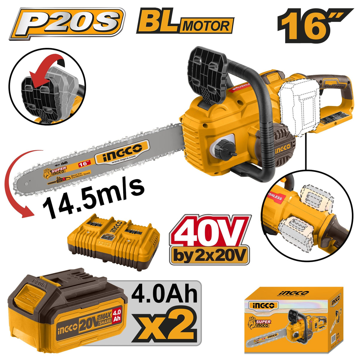 INGCO 40V(2X20VX4.0AH) BRUSHLESS CHAIN SAW 16" 400MM+DUAL PORT CHARGER CGSLI401682 Main image
